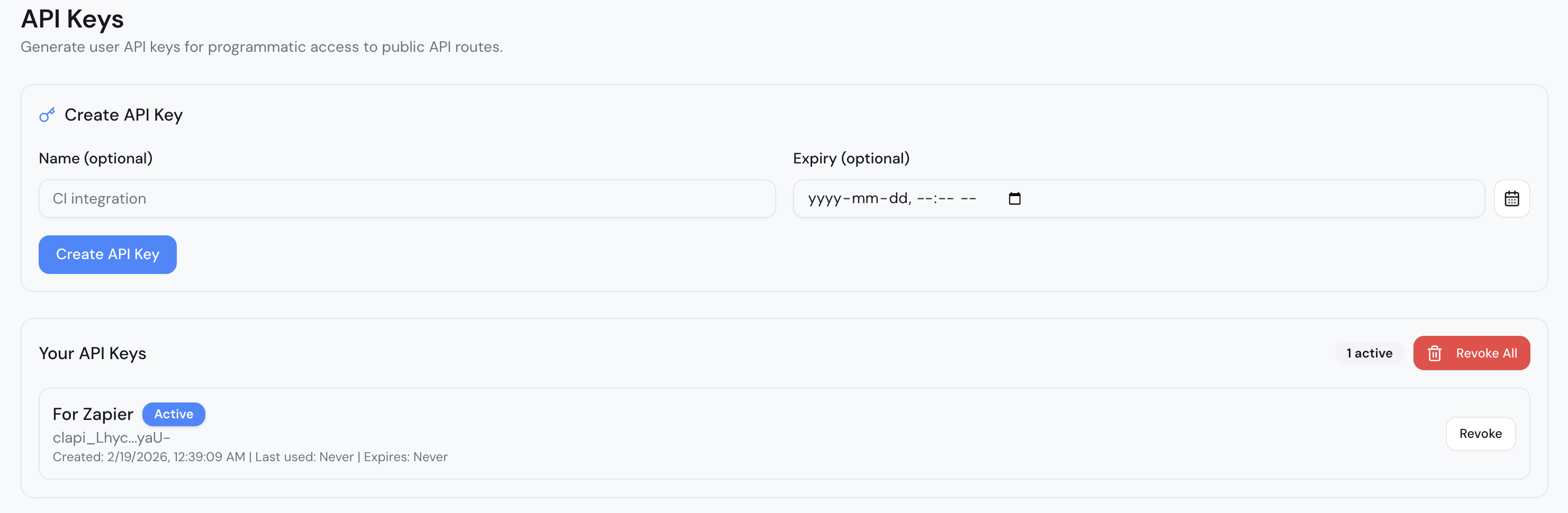 API Keys settings page