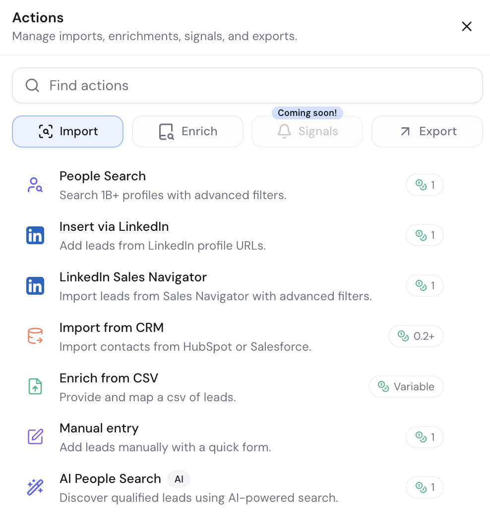 Import actions panel